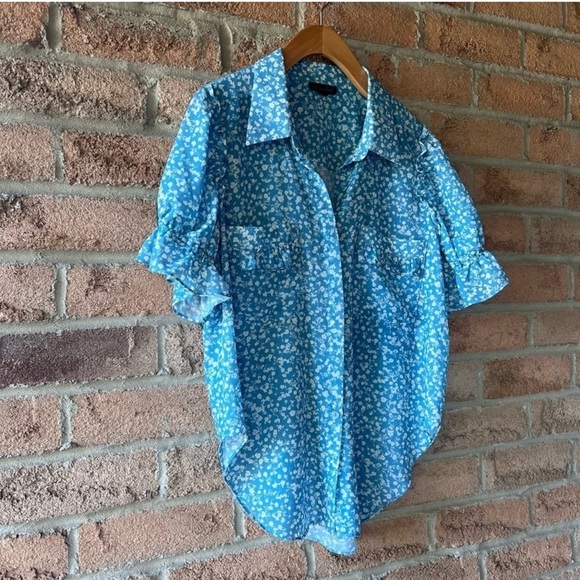 ATELIER INDUSTAIE | Blue floral pocket ruffle puff shirt sleeve button up shirt - Picture 10 of 13